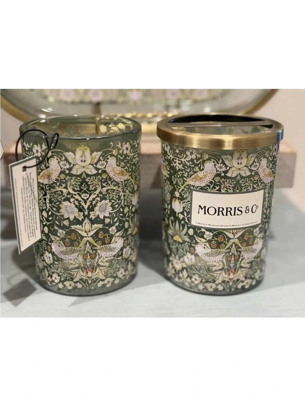 New Morris & Co Heavy Glass Green Strawberry Thief Bath Vanity Accessories 4 Pc